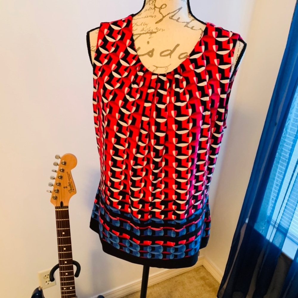 Calvin Klein Red Black Blue Geometric Sleeveless Blouse